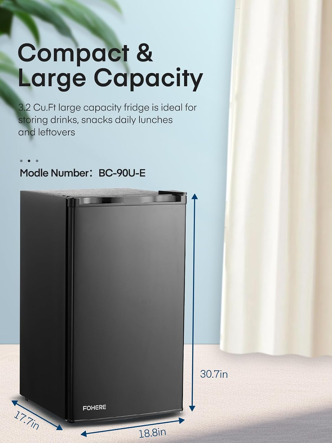 3.2 Cu. Ft Mini Fridge with Freezer, FOHERE Small Fridge with 7 Level Temperature Control, Removable Glass Shelves for Bedroom, Office, Dorm
