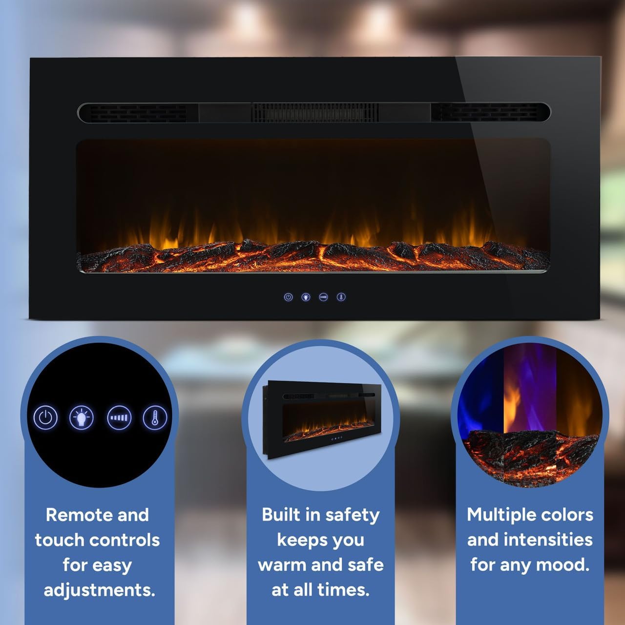 RecPro 40" Black Electric Fireplace Heater with Log Insert | 1500W | Adjustable Flame & Log Lighting | Remote Control Touchscreen