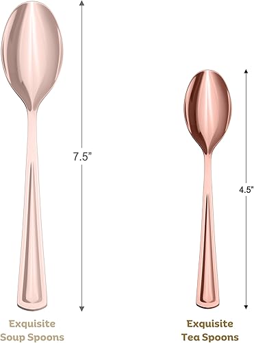 Miniatura 2 de Cucharas de té de plástico de oro rosa resistente, 160 piezas de cubiertos de plástico de oro rosa resistente, juego de cubiertos desechables