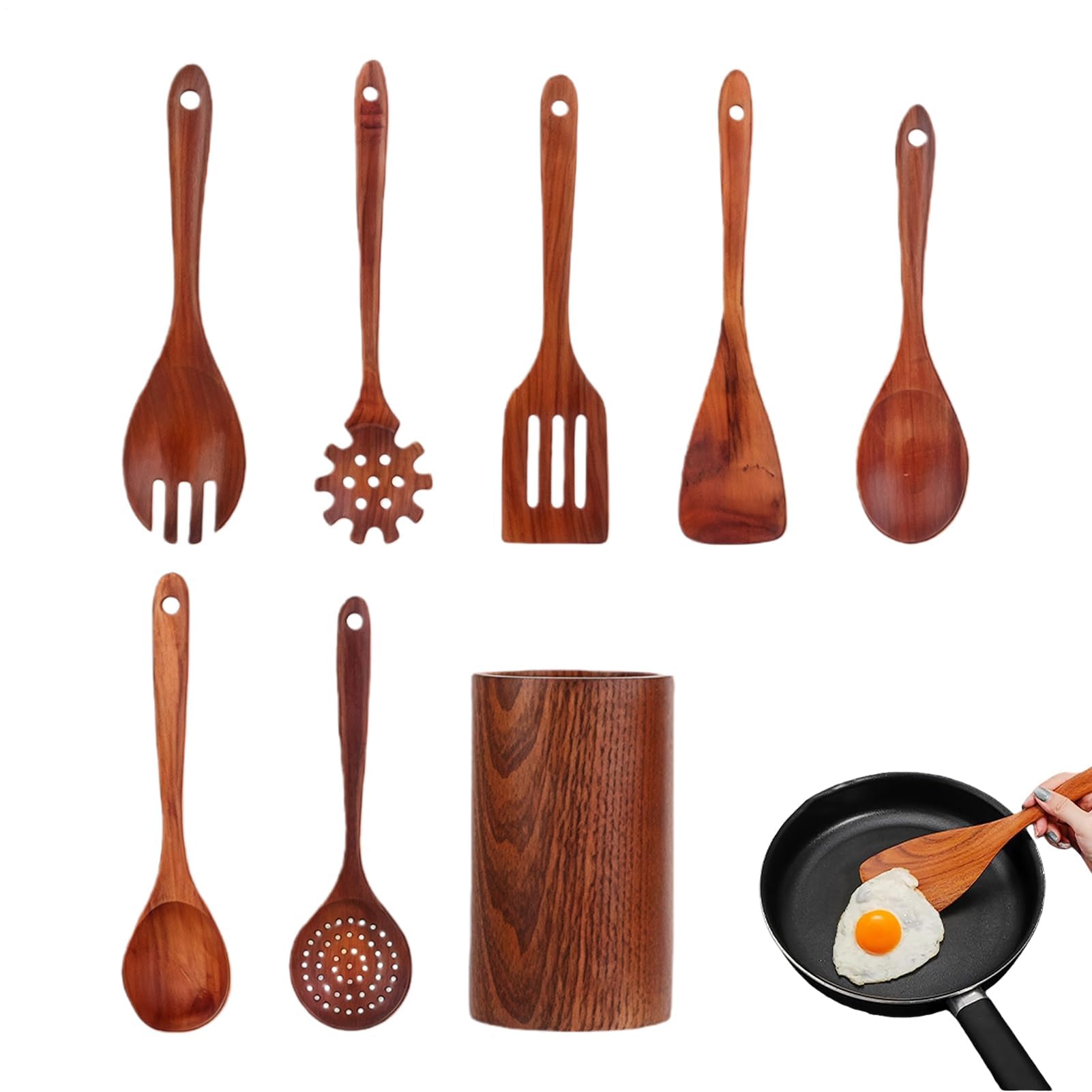 Küchenutensilien-Set, 8-teilig, hitzebeständig, Holz-Kochutensilien-Set – für drinnen und draußen, Versammlungen, Reisen, Party, Lebensmittelzubereitung
