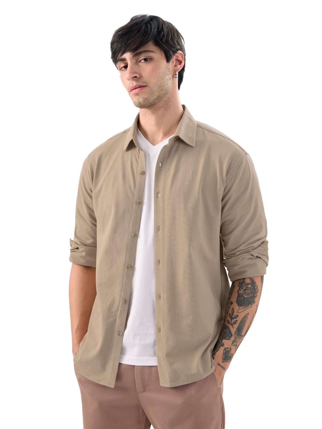 Mudbrown Men and Boys Long Sleeve Collared Neck Button Front Solid Regular Fit Cotton Textured Shirts-image-10