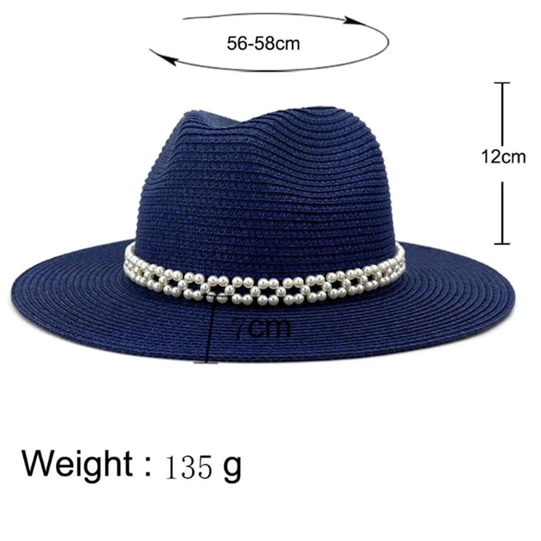 Sombrero de Paja Estilo Trilby de ala Ancha para Playa, Estilo Perla, para Mujer, Estilo Jazz (Blanco, 7 1/8)