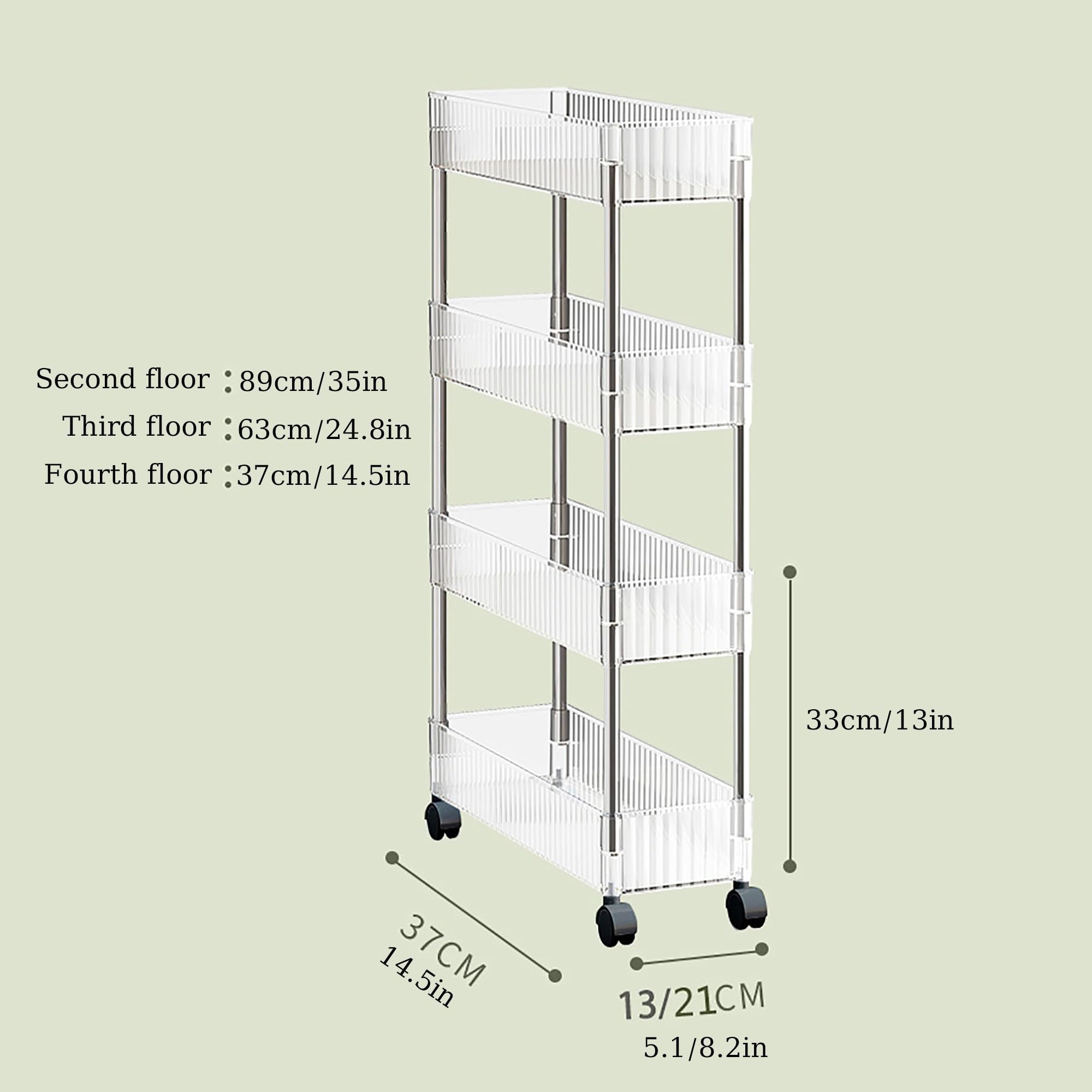 Carrello portaoggetti da bagno sottile a 4 ripiani con ruote per piccoli spazi, organizza la tua lavanderia, la zona WC e il soggiorno, design salvaspazio (13 x 37 x 89 cm)