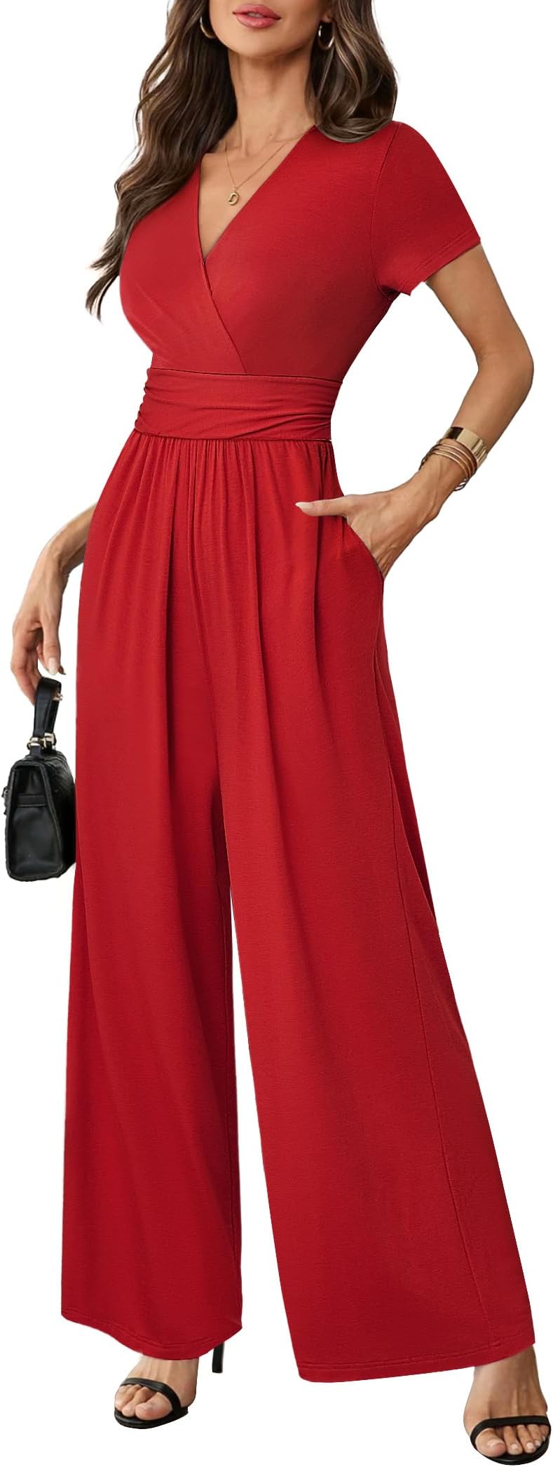 Women Dressy Casual Jumpsuits Elegant High Waist Side Ruched Romper Summer Short Sleeves Wide Leg Pants