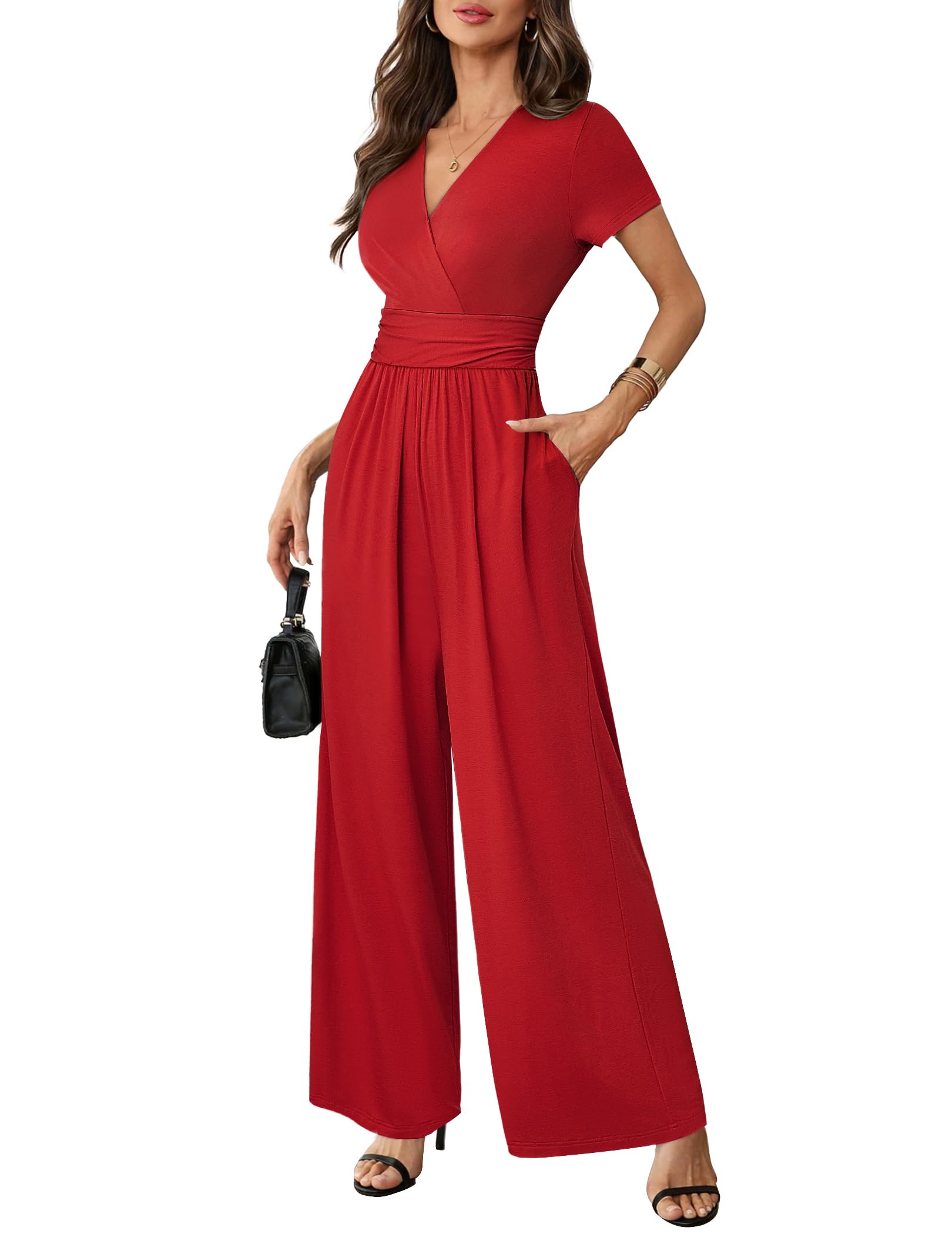 Women Dressy Casual Jumpsuits Elegant High Waist Side Ruched Romper Summer Short Sleeves Wide Leg Pants
