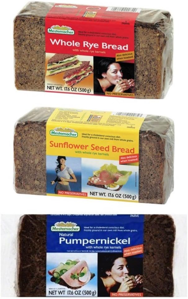 - Mestemacher Natural High Fiber Bread 3 Flavor Variety Bundle: (1) Whole Rye, (1) Pumpernickel, and (1) Sunflower Seed, 17.6 Oz. Ea. (3 Total)