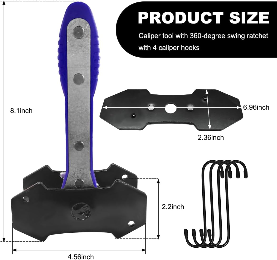Brake Caliper Compression Tool Kit, 360° Ratchet Piston Compressor with 2 Large Steel Plates & 4 Caliper Hooks, Ratcheting Hand Wrench Expander Brake Pad Spreader for Car Truck SUV (Blue)