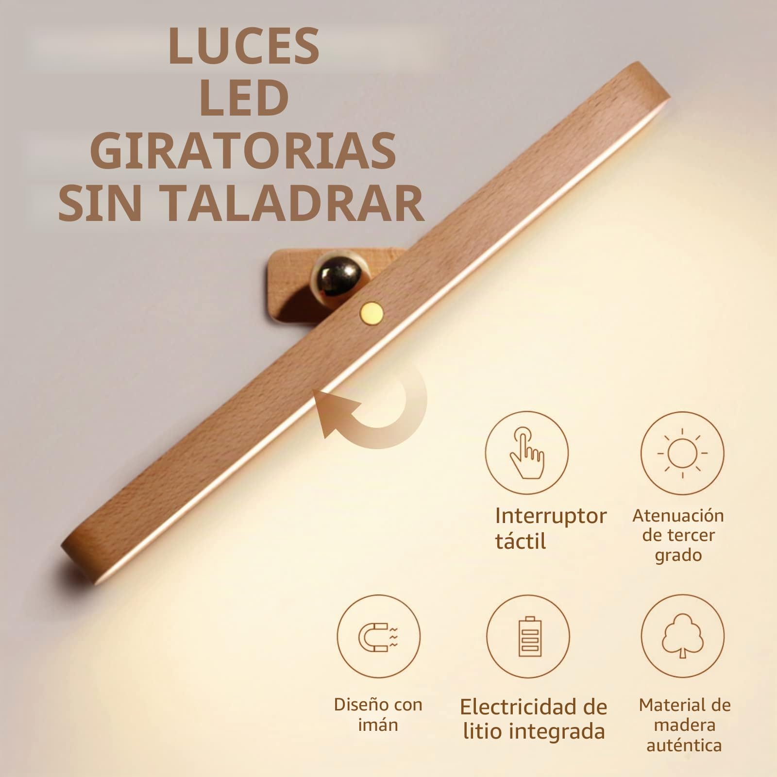 Lámpara LED para espejo de baño, 3.5W lámpara de pared de madera diseño magnético, lámpara de espejo regulable, rotación de 360°, luz de espejo de maquillaje recargable con interruptor táctil