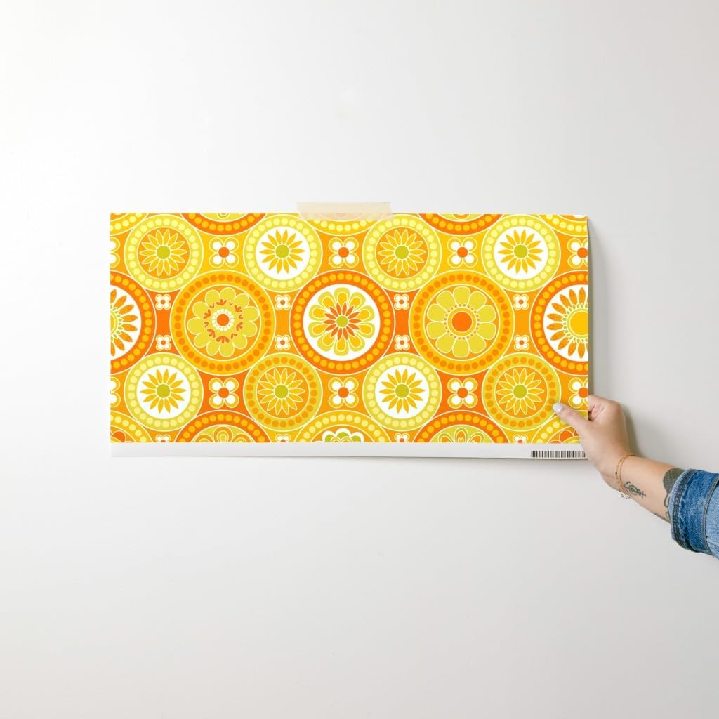 Peel & Stick Wallpaper Swatch - Circle Tiles Yellow Flowers Retro Orange Geometric 70s 60s Vintage Custom Removable Wallpaper by Spoonflower