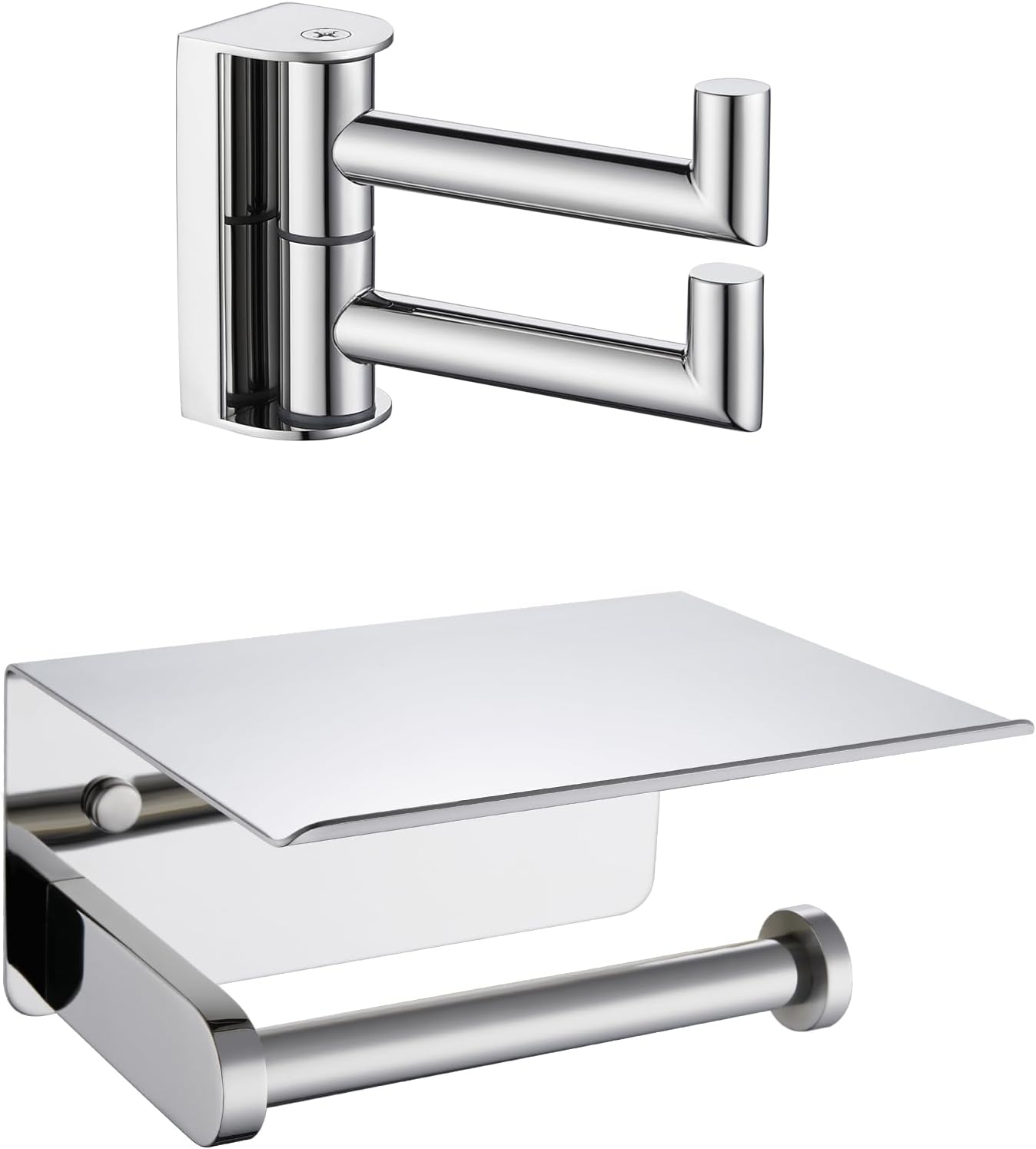 APLusee Polished Chrome 304 Stainless Steel Toilet Paper Holder with Shelf, Swivel Towel Hook Bundle, Wall Mounted