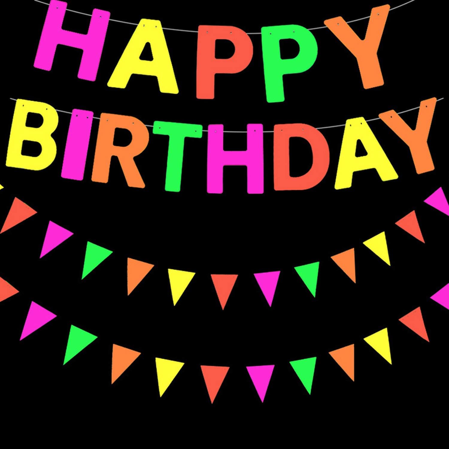 Iceyyyy Black Light Neon Happy Birthday Garland Banner Hanging Decorations, UV Reactive Glow-in-The-Dark Birthday Party Supply