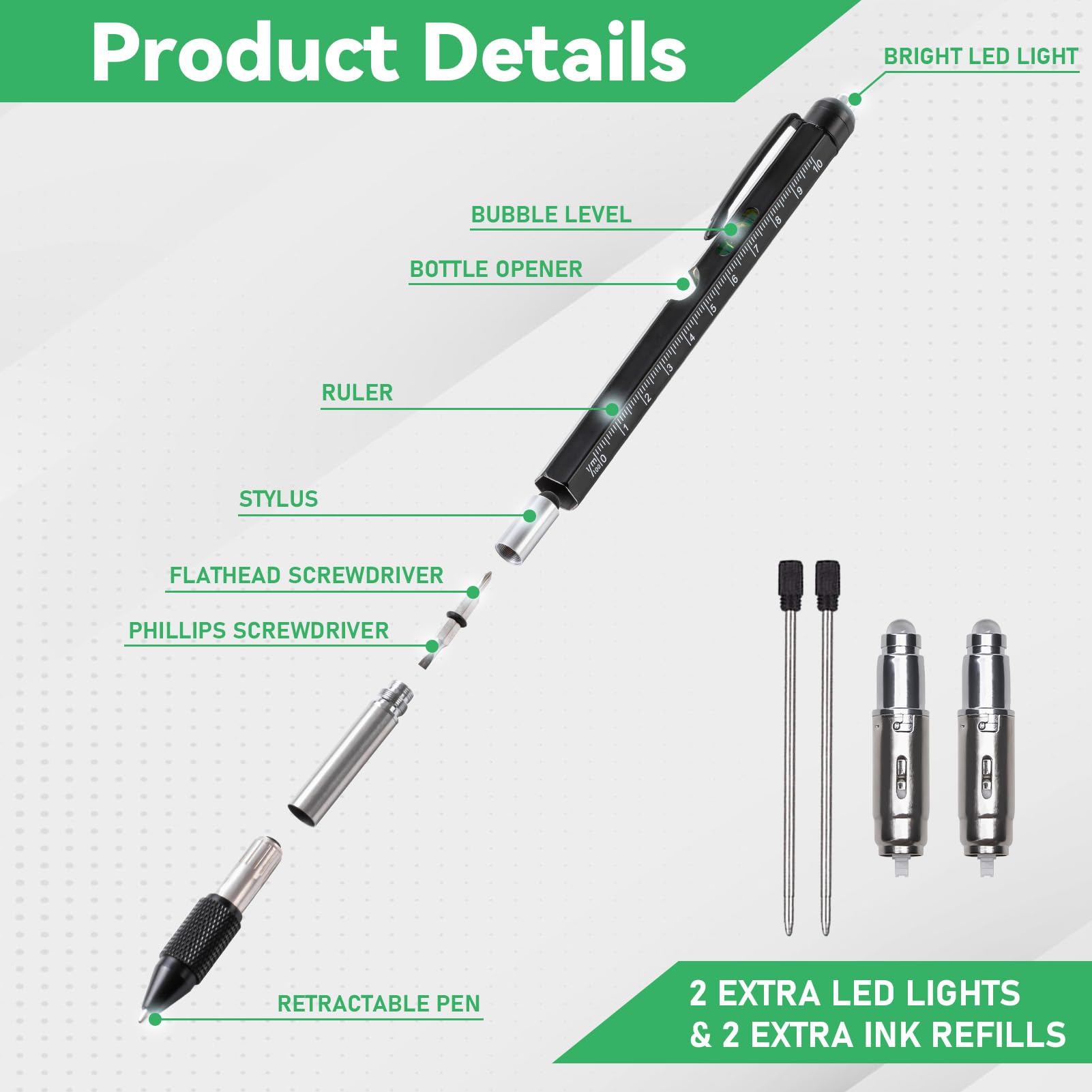 Fathers Day Dad Gifts for Dad, 9 in 1 Multitool Pen with LED Light, Birthday Gifts for Men, Cool Gadget Gifts for Women, Gifts for Him, Women, Husband, Black