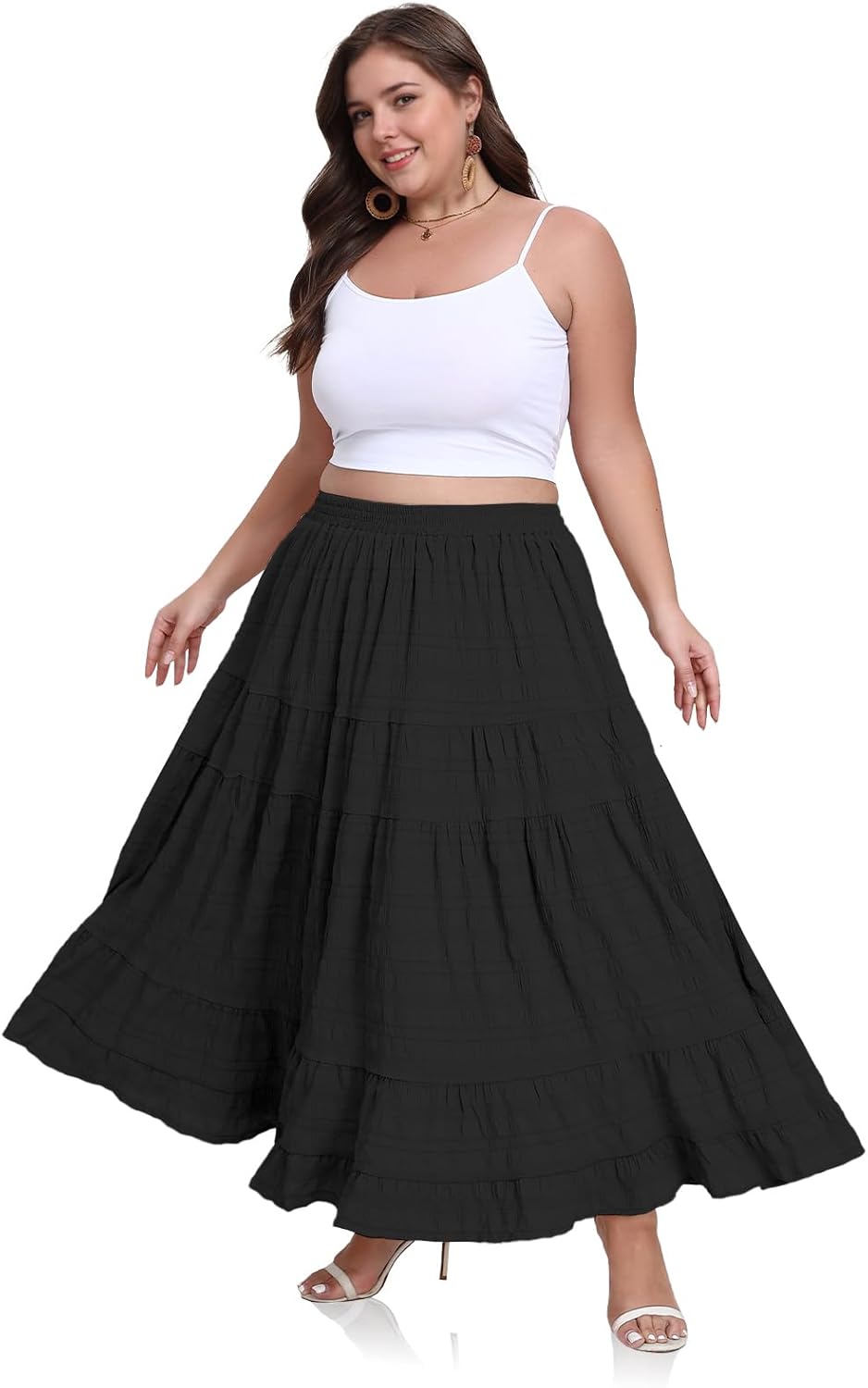 Women's Plus Size Maxi Skirt Layered Tiered Long Skirts High Waisted A Line Flowy Maxi Skirt with Pockets - Image 4