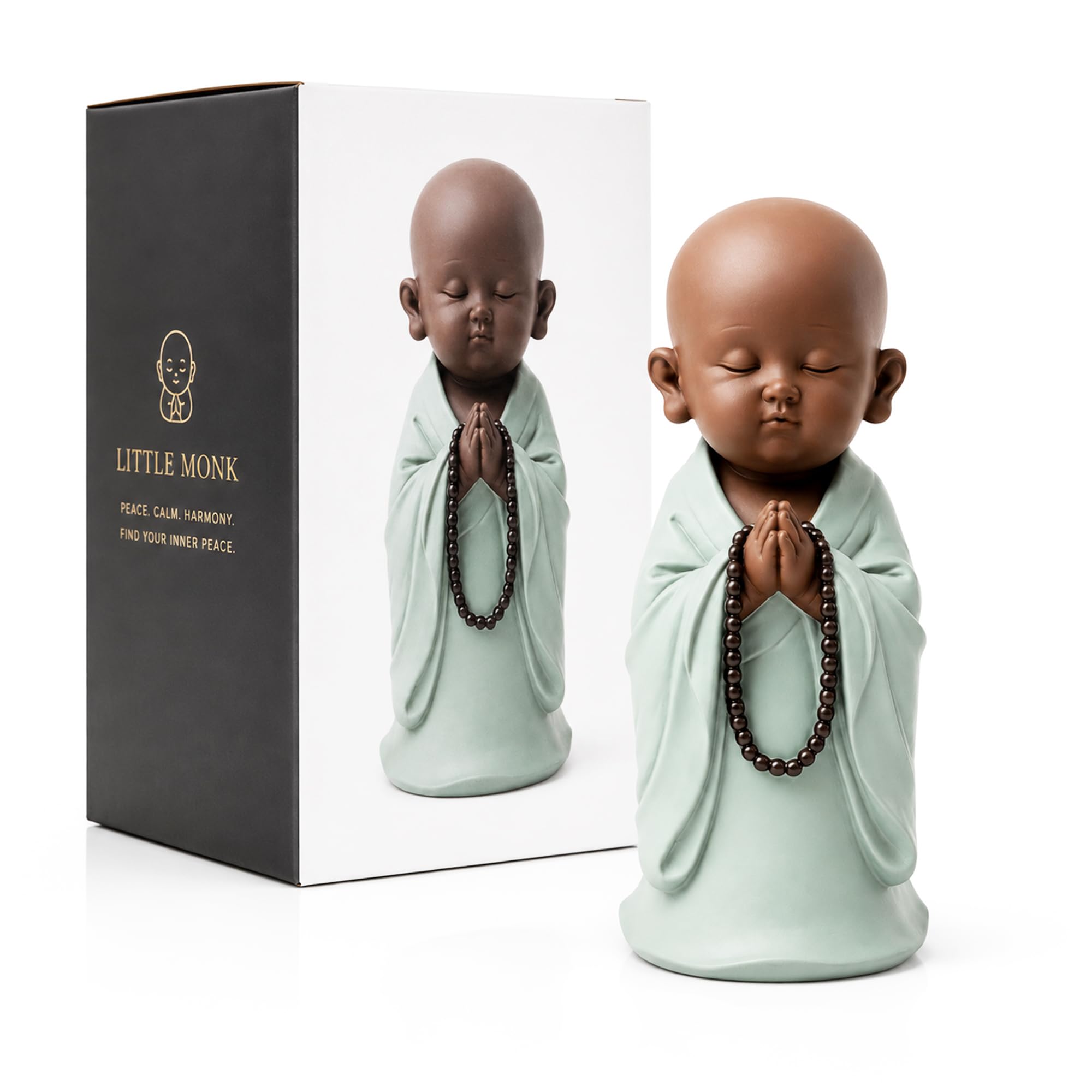 VR ANGLE Little Monk Meditating Monk Statue Ornament with Prayer Beads Peaceful Buddhist Monk Figurine Decorative Resin Sculpture for Home Decor Meditation Room Office (Praying Monk Set)