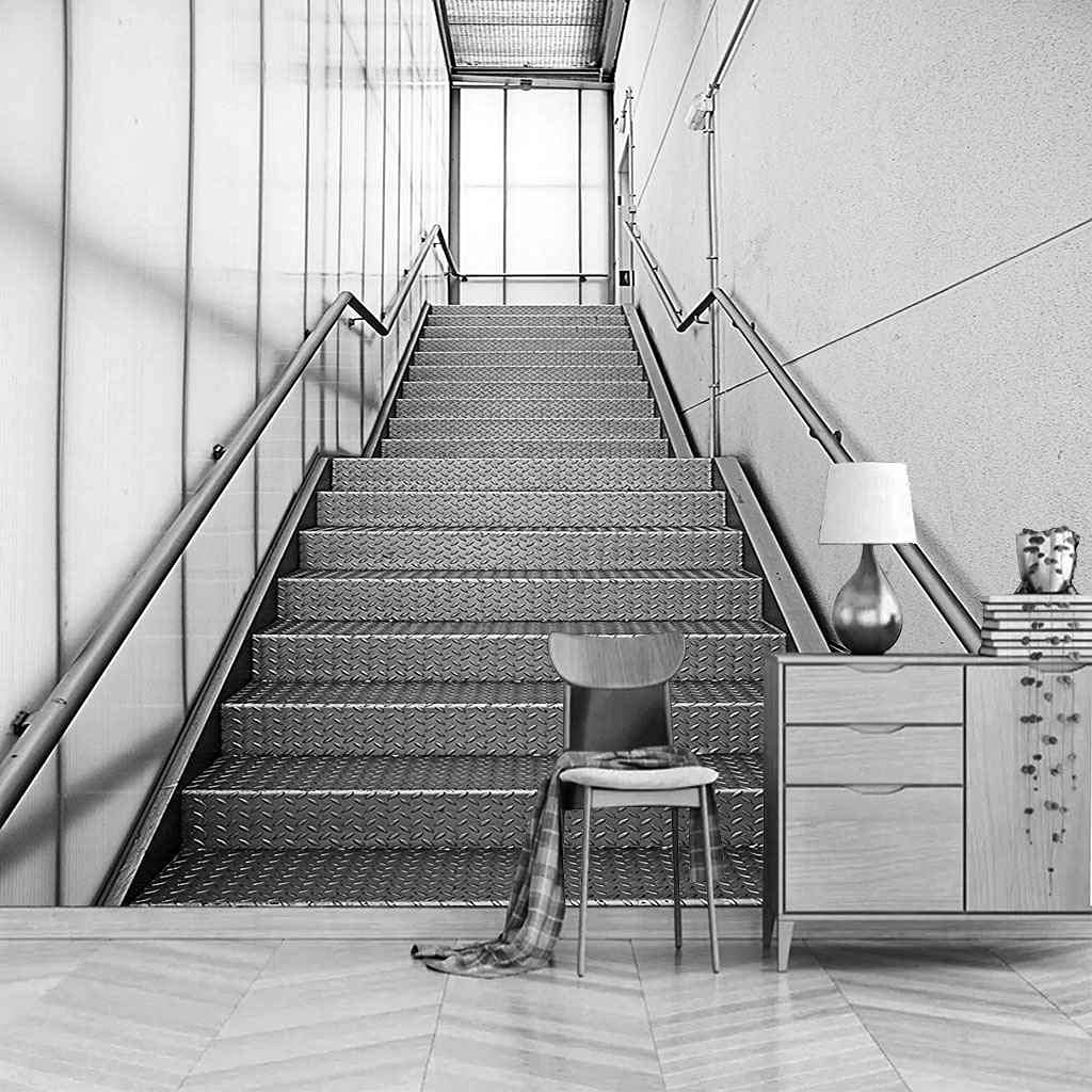Papier peint 3D escalier métallique pour masquer un mur abîmé de chambre
