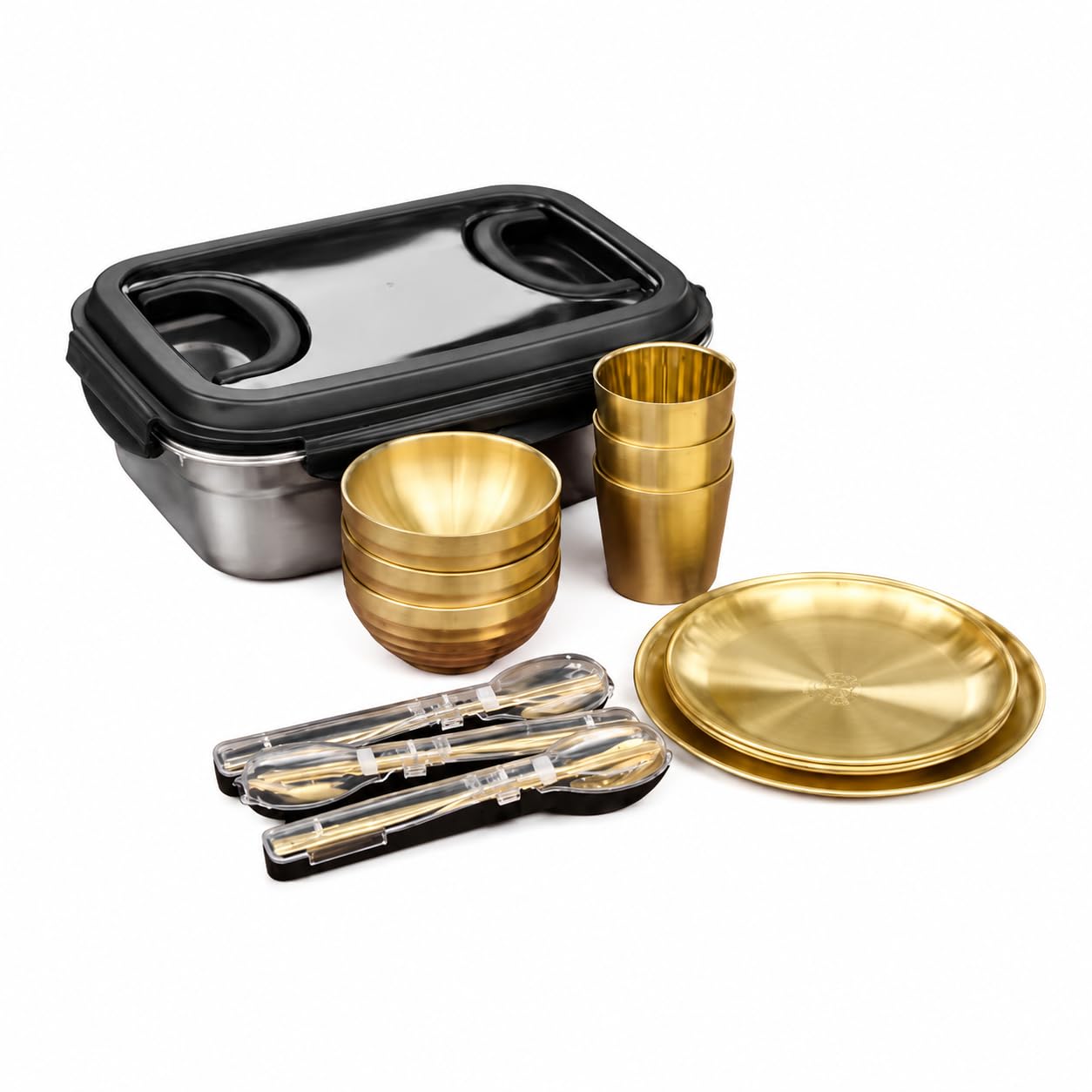Goldfarbene Gabeln für Picknick, spülmaschinenfestes Campingbesteck, kompaktes Reisebesteck mit Tasche, goldenes Wanderbesteck Set, 3-Personen-Set, Gold