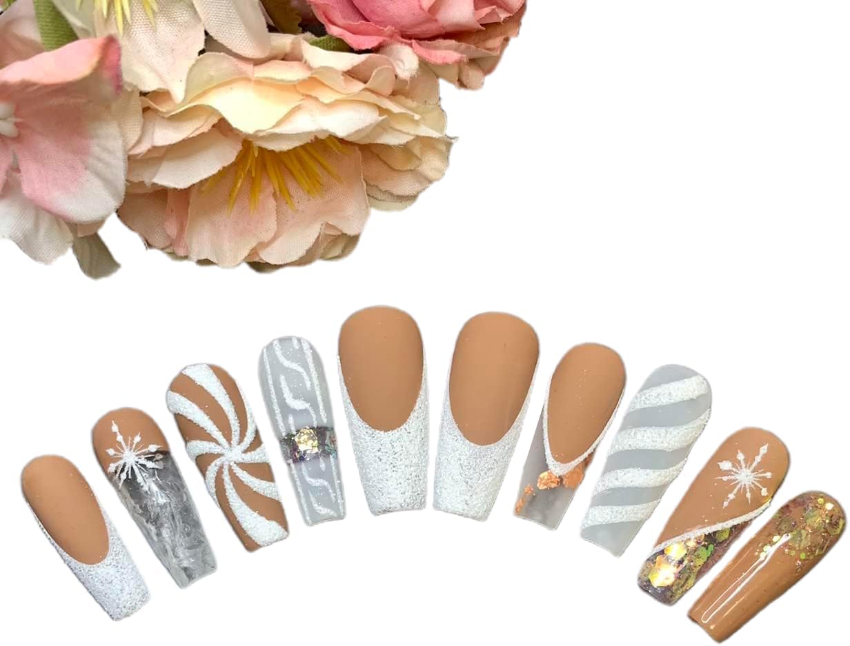 Handmade Press On Christmas False Nail Tips Holiday Easy-Way Nail Tips (Long-M)