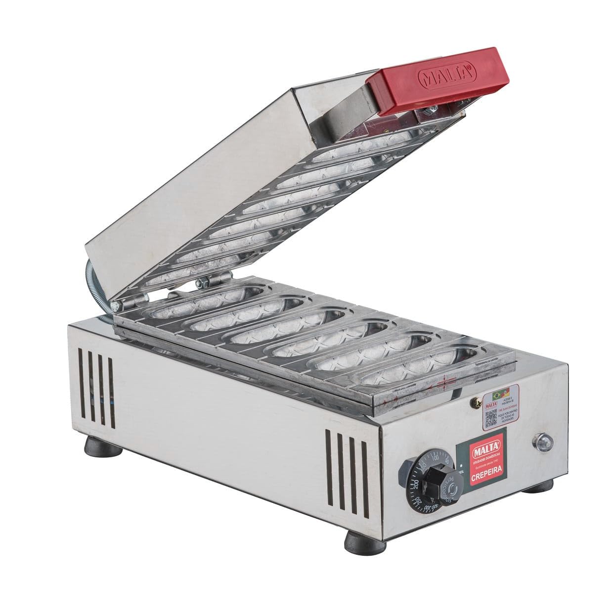 Malta Crepeira Elétrica 6 Cavidades 220V Inox 1500W Prensa Alumínio Maciço com Termostato