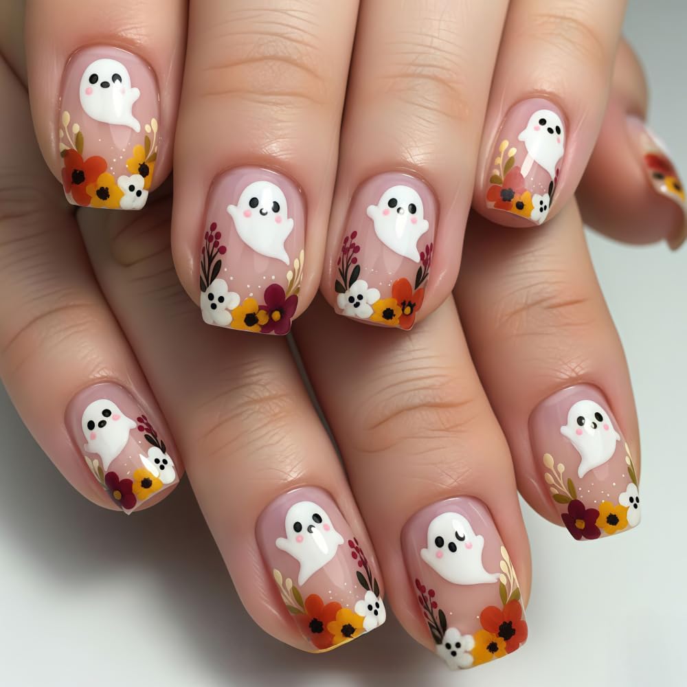 Fall Press on Nails Short Square Fake Nails Thanksgiving Holiday False Nails with Gold Autumn Leaf Design Glue on Nail Gold Fallen Leaves Full Cover Acrylic Stick on Nail for Women Manicure 24Pcs