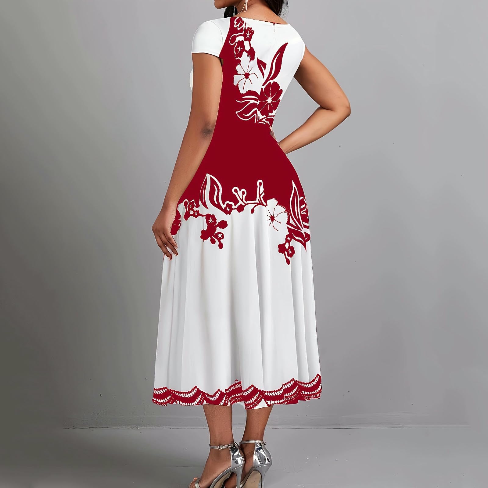 Damska sukienka z dekoltem w serek, plus size, falbany, obszycie, krótkie rękawy, rozkloszowana, trapezowa, swing, na co dzień, na imprezę, koktajl