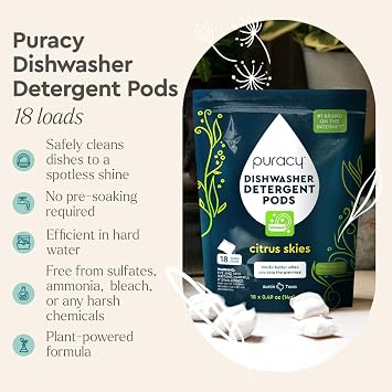 Puracy Laundry Detergent Refill - Enzyme-Powered Liquid Detergent Concentrate, (Free & Clear, 192 Loads) and Natural Dishwasher Pods - Non Toxic Dishwasher Detergent (Citrus Skies, 18 Loads)