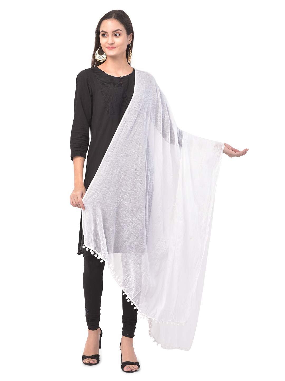 Ananya Fashion & Crafts Hub Women's White Solid Color Cotton Dupatta For Indian Style With Pom Pom Scarves Wrap Shawl Length 2.25 Meter 24 Inch