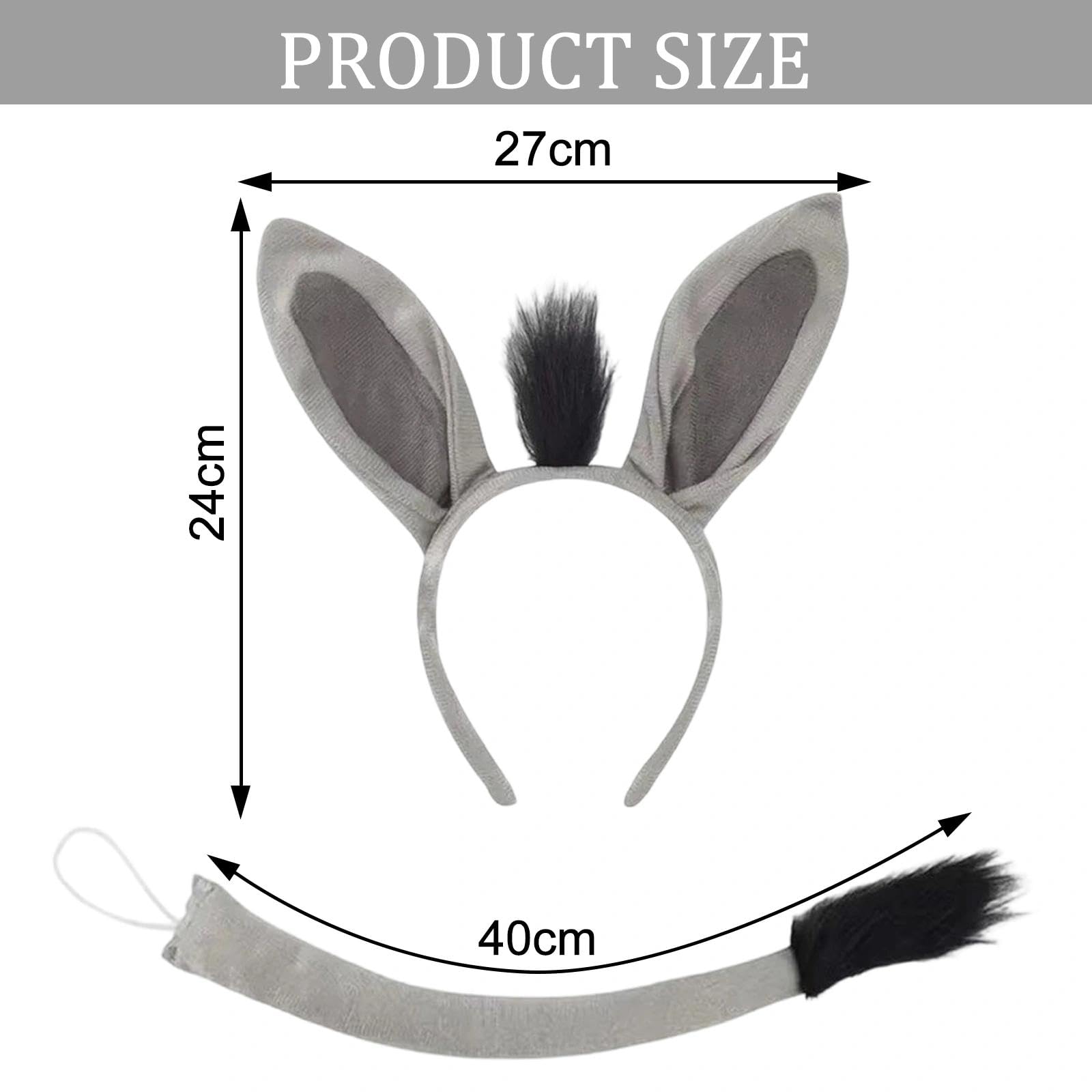 ZXTGBQ 2 Piece Donkey Ear Headband and Tail Costume Set for Fancy Dress Party, World Book Day, Halloween Theme Party, Cosplay, One Size for Adults and Kids, Grey - Image 3