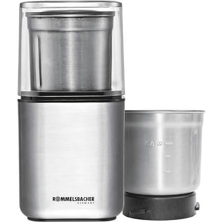 ROMMELSBACHER Gewürz und Kaffee Mühle EGK 200 - 2 Edelstahlbehälter mit Schlagmesser & Spezialmesser, Füllmenge 70 g, Mahlgrad über Mahldauer wählbar, auch für Pesto, Gewürze, Nüsse, Zucker, 200 Watt