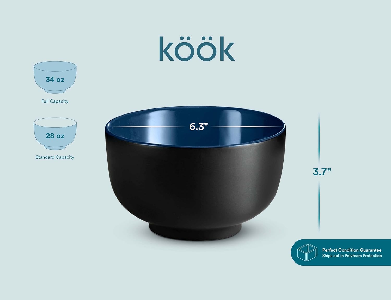 KooK Ramen Bowl, Japanese Bowls, Noodle Bowls, Large Soup Bowl, Ceramic, Large Capacity, For Ramen, Pho, Udon, Soba, Microwave and Dishwasher Safe, 34 oz, Set of 4 (Black/Navy) - Image 6