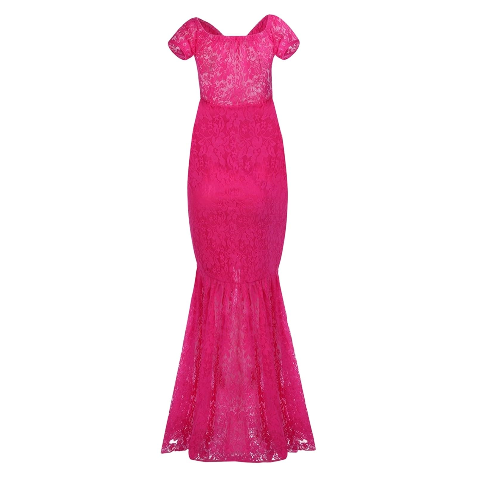 Elegante abito da sera premaman con scollo a V, maniche lunghe, pizzo trasparente, taglio attillato e lungo fino al pavimento, adatto per occasioni formali come matrimoni