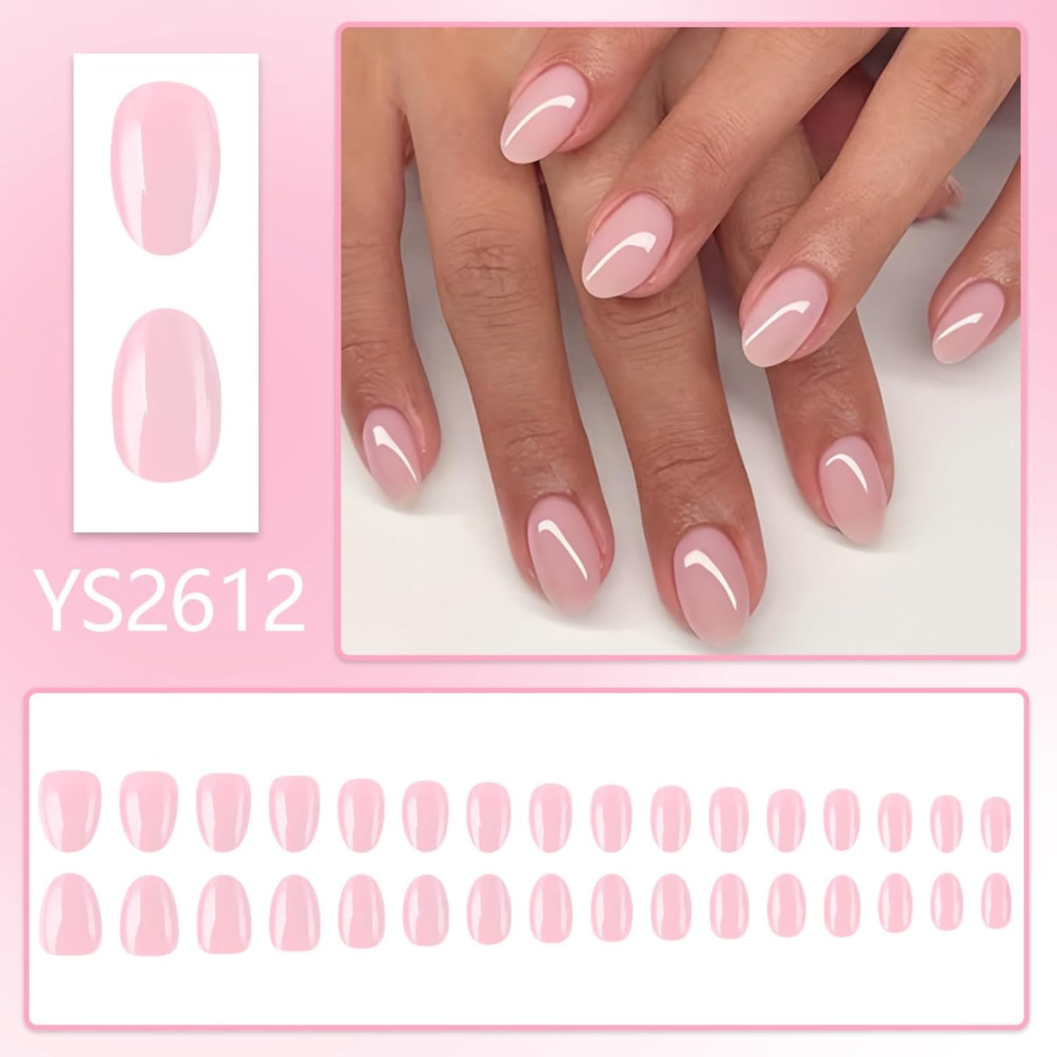 Light Pink Press On Nails Short Almond Fake Nails Solid Color Glossy Full Cover Stick On Nail for Women Manicure 32Pcs