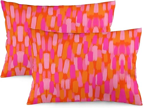 Juego de 2 fundas de almohada abstractas retro de los años 70 con pincel, color rosa y naranja, 12 x 20 pulgadas, decoración del hogar, sala de