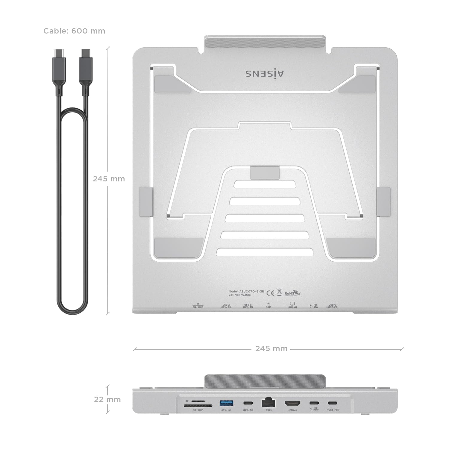 AISENS - ASUC-7P045-GR - Regulowany uchwyt na laptopa/tablet z USB-C Docking 7 w 1, szary