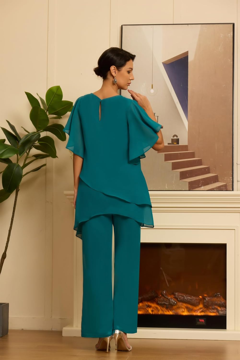 Short Sleeves Mother of the Bride Pant Suits for Wedding Chiffon Scoop Neck Wedding Guest Party Formal Outfit