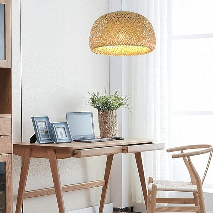 HAIIQU Geometrische Lampenkap Boerderij Bamboe Hanglamp Lamp Armatuur Handgeweven Bamboe Hanglamp Creatieve Vogelnest Bamboe Rotan Kroonluchter voor Woonkamer, Kookeiland, Eetkamer photo 2