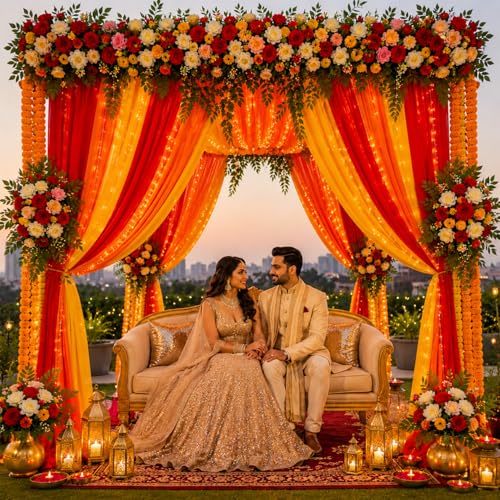 Image of Party Propz Backdrop Decoration with Fairy Light - 8 Pcs Haldi Decoration Items for Home, Backdrop Cloth for Decorations Pooja, Background Decorations Cloth for Festival, Puja (Satin Mix)