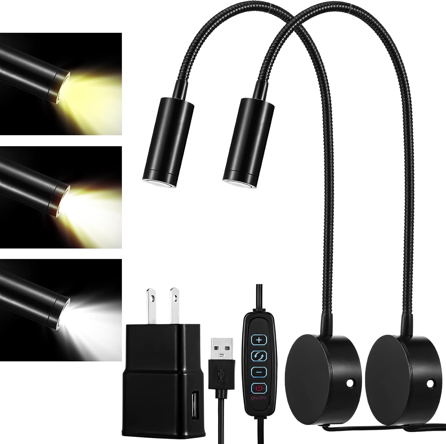 2 Pcs Wall Mounted bedside reading light with Flexible Gooseneck