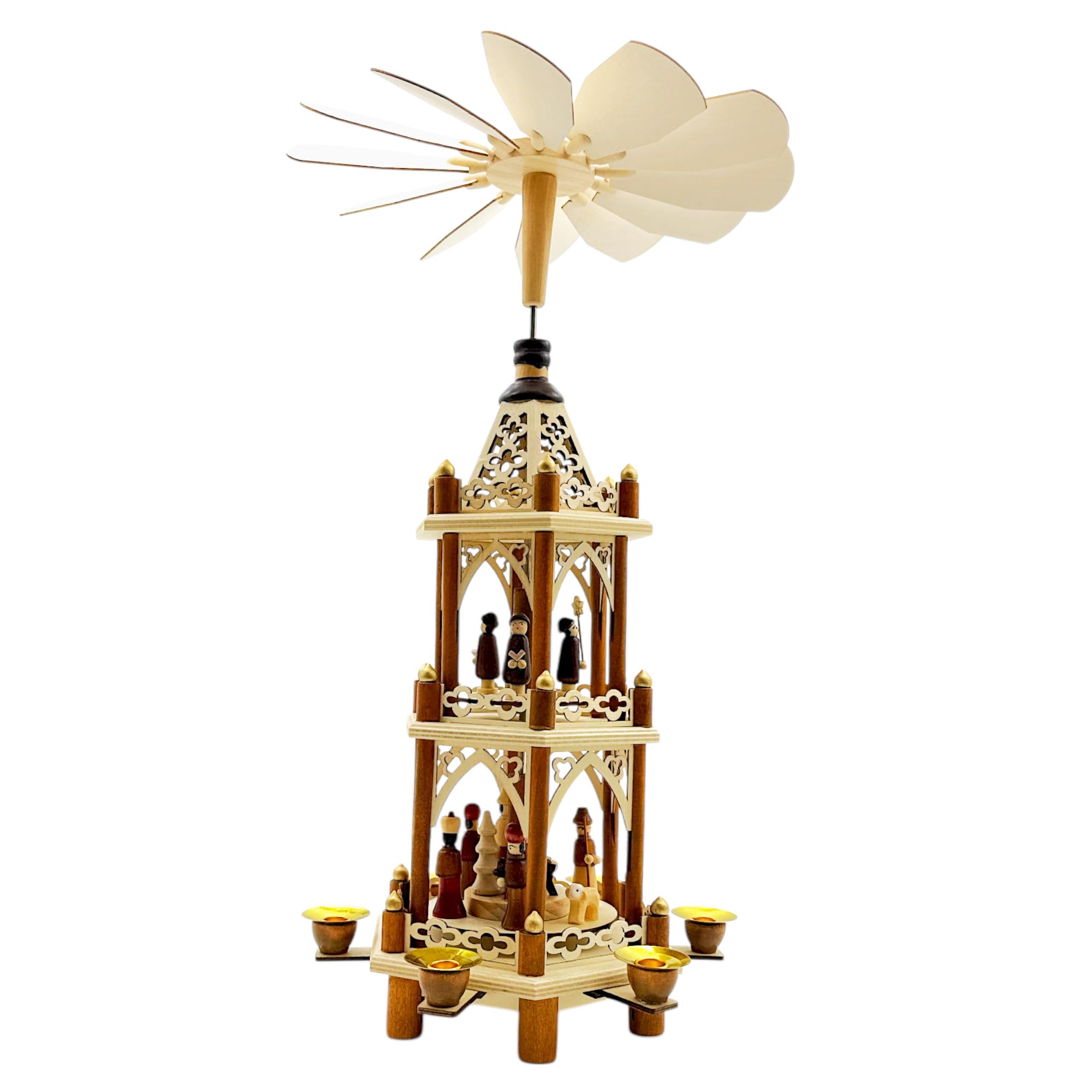 Wichtelstube-Kollektion Weihnachtspyramide Christi Geburt 3 Etagen Original 6 Pyramidenkerzen hochwertig Weihnachtsdeko Holz sehr leichtgängig Höhe 43cm