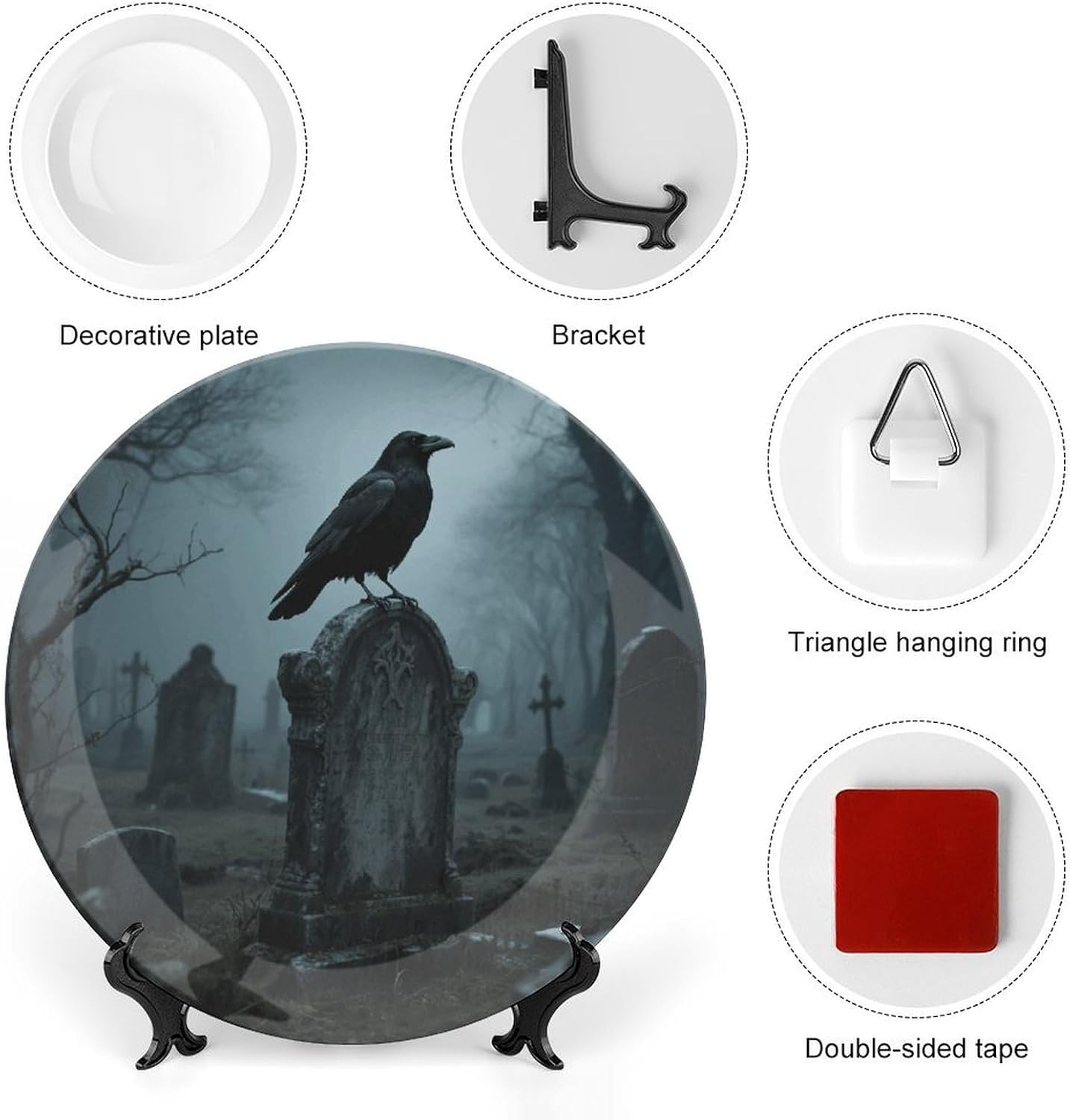 Black Crow on Tombstone Bone China Decorative Plate Vintage Ceramic Art Plate with Display Stand Personalized Ornament Dessert Plates for Home Wall Decor Wedding Gift 6inch image 3