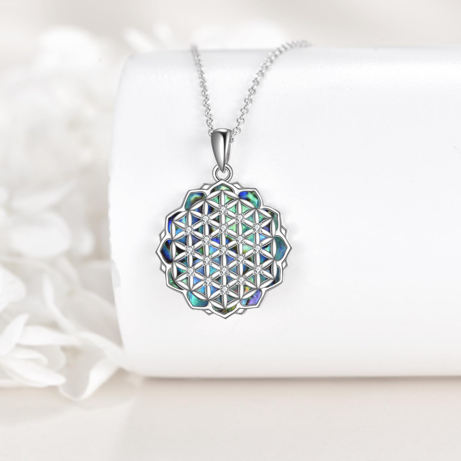 Blume des Lebens Halskette 925 Sterling Silber Abalone Lebensblume Anhänger Kette Filigran Schmuck Geschenke für Damen Frauen Weiblich.