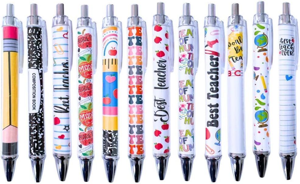 12PC Teacher Pen | Fun Cute Funny Cool Best Pens for Men Women Set Pack Teach Love Inspire School Preschool Appreciation Gifts Supplies in Bulk Office Supply Thoughtful Professor of the Year