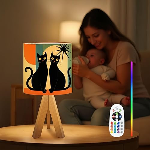 Miniatura 4 de Tripod Table Lamp Mid Century Modern Black Cat Retro Atomic Halloween Bedside Lamps Small Lamp Nightstand Lamp with Linen Lampshade Table Lamps for