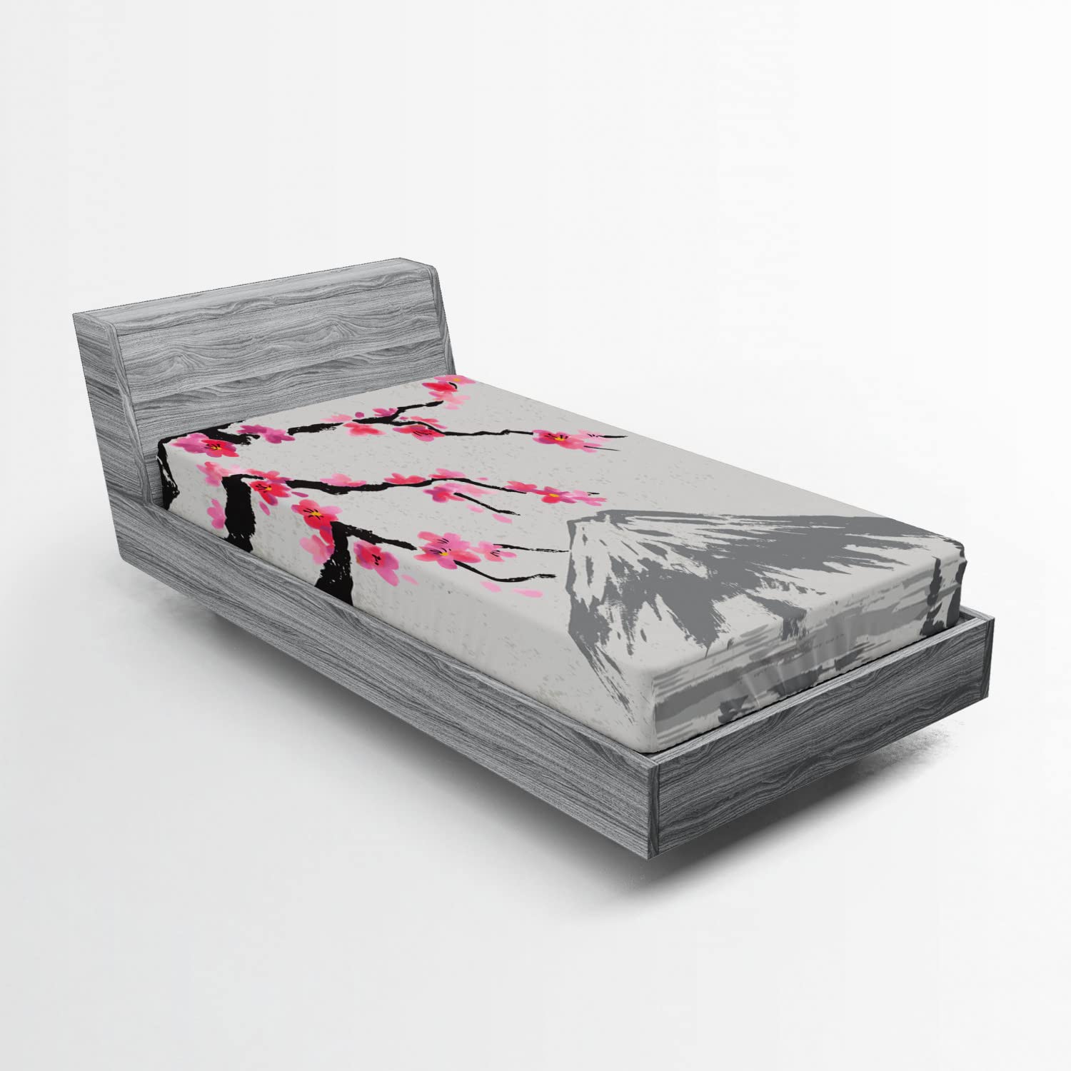 Ambesonne Japanese 2 Pack Fitted Sheet, Fujiyama Cherry Blossoms, Bed Cover All-Round Elastic Deep Pockets 2 Pieces, Package Contains 2 Twin Size Fitted Sheets, Black Grey