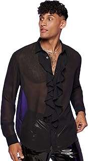 Men's Long Sleeve Sheer Mesh Ruffle Trim Button Down Shirt Top