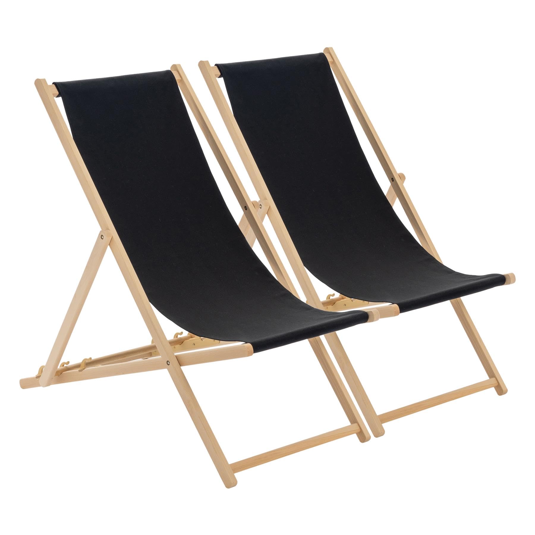 Harbour Housewares Folding Wooden Deck Chairs – Black – Pack of 2 – Adults Traditional Foldable Reclining Outdoor Canvas Sun Lounger Chair Seat for Garden Patio, Beach, Camping — image 1