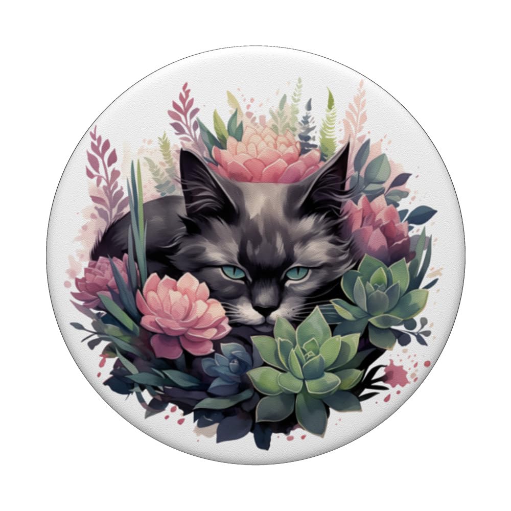 Sleepy Cat in Succulent Garden, Cute Napping Kitten Floral PopSockets Swappable PopGrip, Black - Image 3