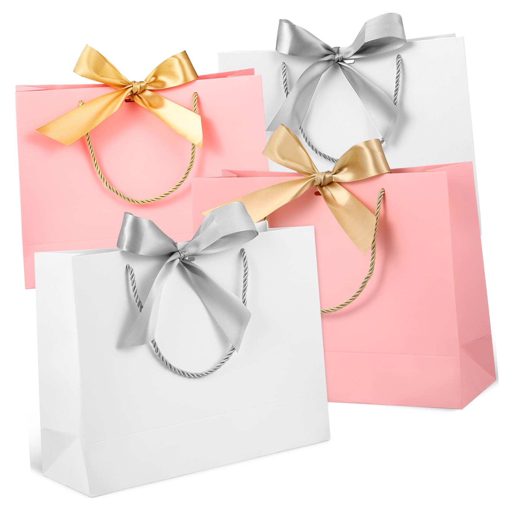 LOLIPPYY 10 Stück Teiliges Geschenktüten mit Griffen und Schleifenband Papiertragetaschen für Hochzeit Party Geschenkverpackung Stabile Tragegriffe Klassisches Design in Weiß und Rosa