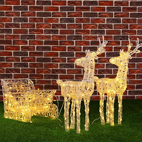 BAKAJI Slitta e Renne Natalizie 3D Luminose 240 Luci LED Bianco Caldo Carro di Natale per Esterno Da Giardino a batterie 7 Effetti Luminosi Altezza Renne 68 cm Slitta 35 cm