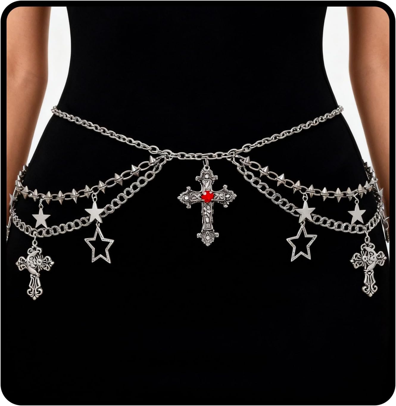 Navoky Gothic Cross Waist Belt Chain Y2k Star Charms Body Chain Women Punk Belt Crosses Jewelry for Pants and Dress