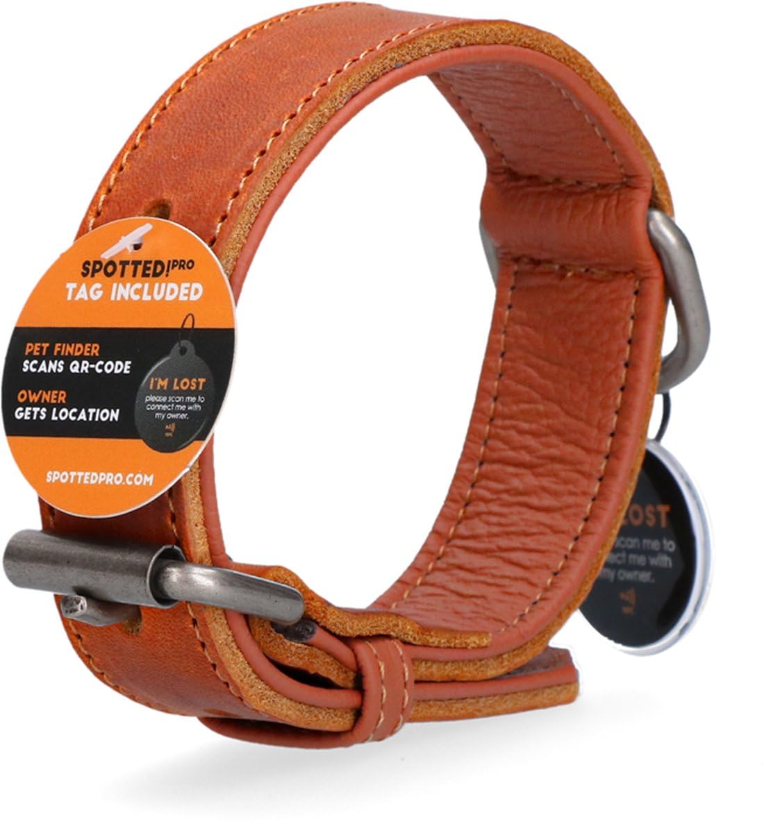 Collare in pelle – Collare per cani con pin QR – Collare con chiusura magnetica – Impermeabile – Taglia M – 50 cm – Cognac/Marrone chiaro